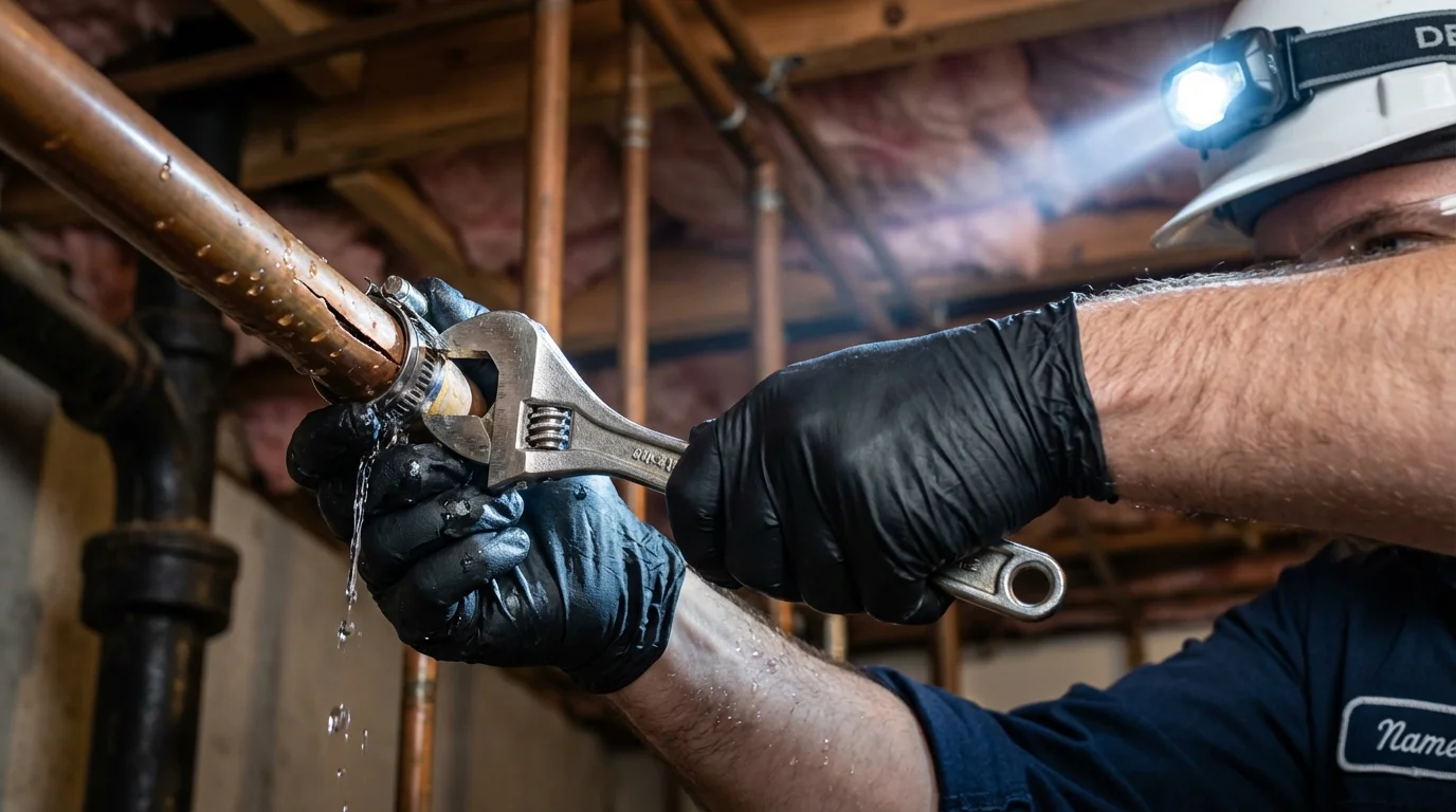 Emergency pipe clamp repair being performed by a Johns Plumbing LLC plumber in El Paso