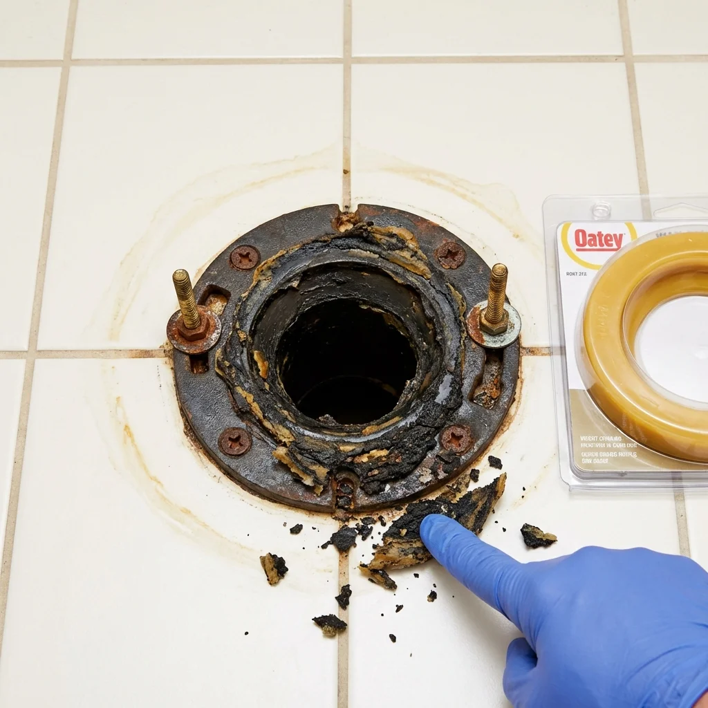 Failed wax ring showing water seepage at the base of a toilet in a El Paso, IL home