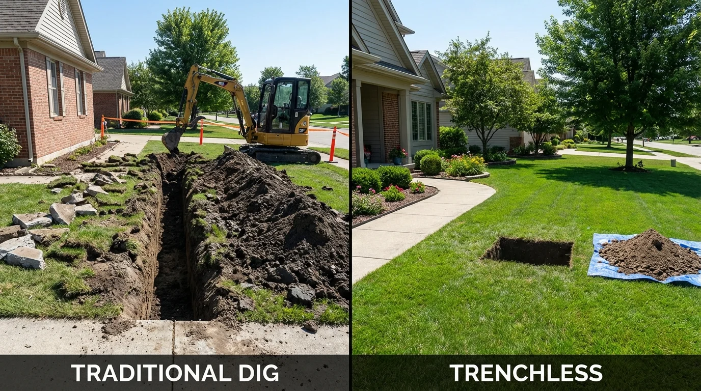 Trenchless sewer repair with minimal yard damage versus traditional excavation in El Paso, IL