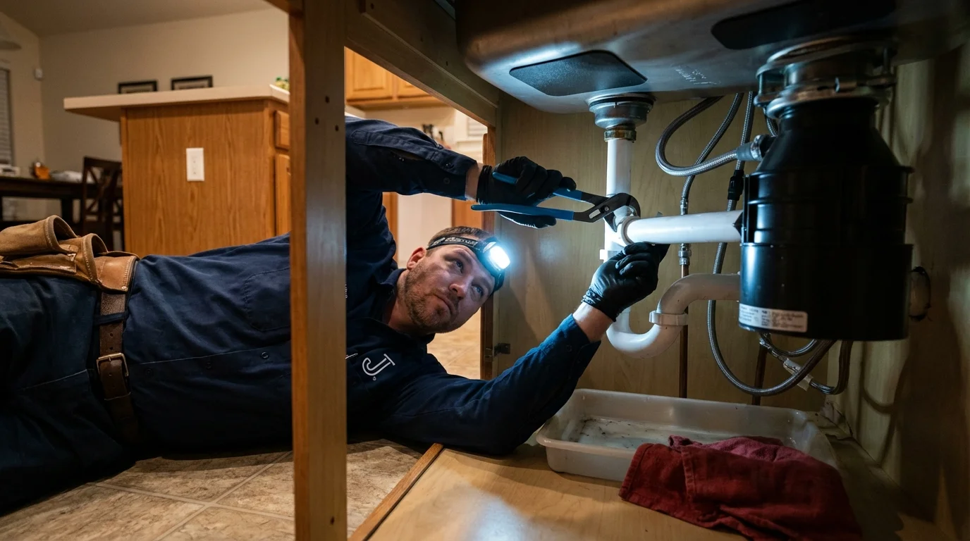 P-trap and supply line connections under a kitchen sink showing a common leak point in El Paso, IL